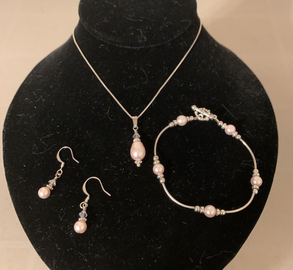 Necklace Bracelet Earrings Set Sterling Silver Silver Tone Pink Faux Pearl 18”